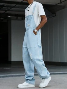 Manfinity EMRG 男式休闲做旧多口袋胸带牛仔背带工装裤 - 淺色水洗藍 - 查看 5