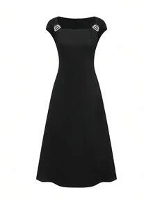 Poshira Elegant Waist Cinched Sleeveless Midi Dress For Women - Black - View 1