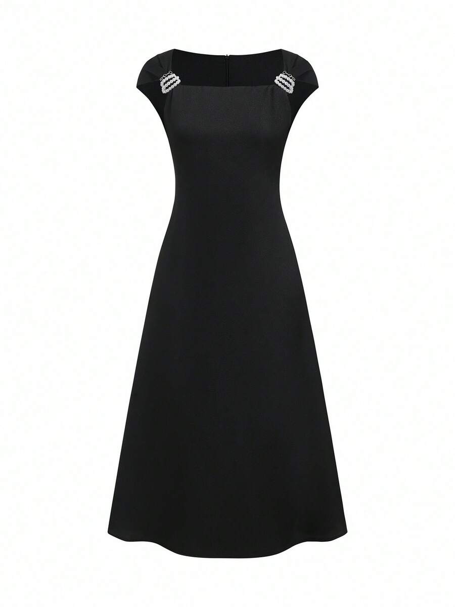 Poshira Elegant Waist Cinched Sleeveless Midi Dress For Women - Black - View 1
