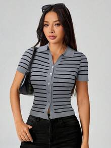 SHEIN PETITE Áo len cài nút kẻ sọc cổ tròn dành cho nữ - Nhiều màu - Xem 4