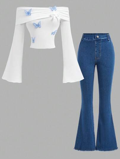 Sparklyn 2 件套休闲白色长袖露肩蝴蝶装饰 T 恤 + 蓝色水洗弹力喇叭牛仔裤，适合少女春秋季活泼装