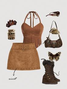 SHEIN MOD Falda-pantalón vintage de los años 70 con detalles de cinturón y lentejuelas marrones - Estilo western, bohemio, Y2K, country cottage, nómada, perfecta para volver al colegio - Café integral - Ver 1