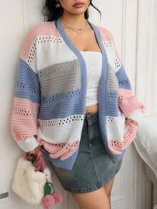 SHEIN EZwear 大码休闲拼色条纹镂空针织开衫，秋冬 - 彩色 - 查看 6