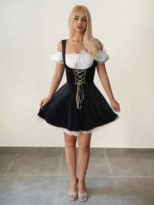 Sweetina 1 Set Shoulder Top And Spaghetti Strap Dress Suit, Suitable For Beer Festival Party, Includes Dress And Lining Shirt