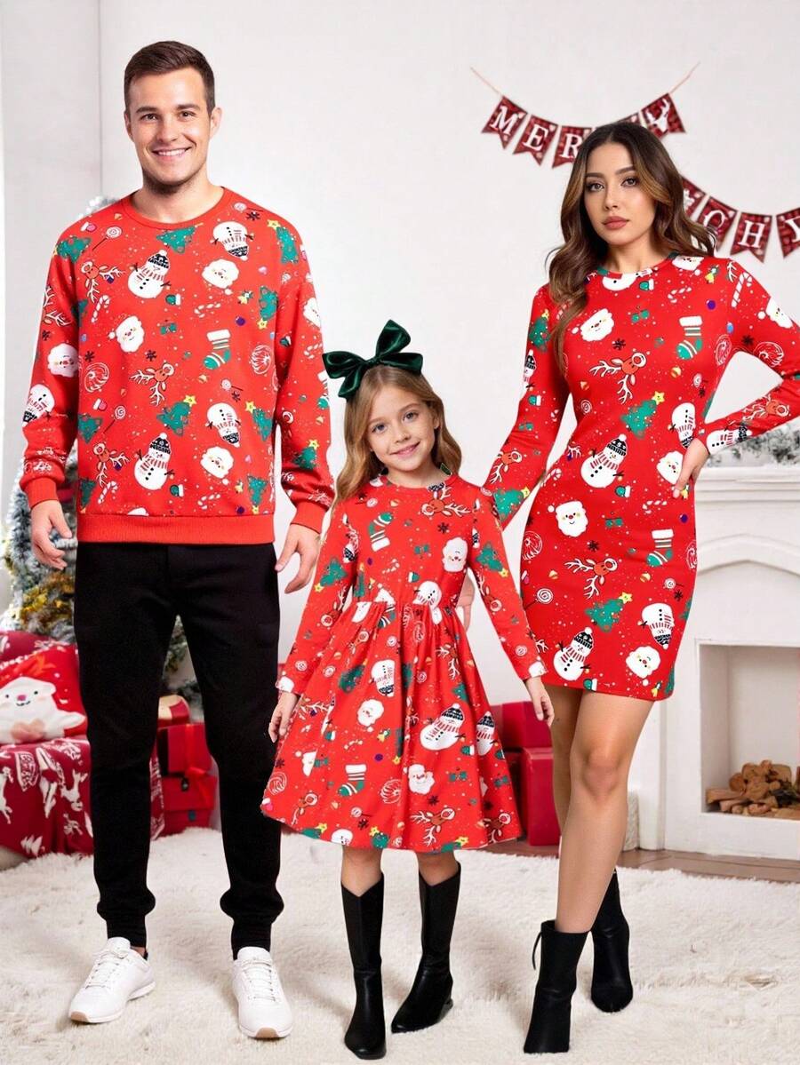 SHEIN Vestido de Navidad para mujer, elegante y cómodo, con estampado digital navideño divertido, a juego con atuendos familiares - Multicolor - Ver 1