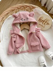 SHEIN Newborn Baby Girl Cute Casual Versatile Pink Corduroy Thermal Lined Hooded Jacket, Autumn/Winter Fall - Pink - View 1