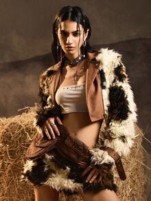 Easelle 女士时尚人造毛皮和 PU 撞色短款飞行员夹克