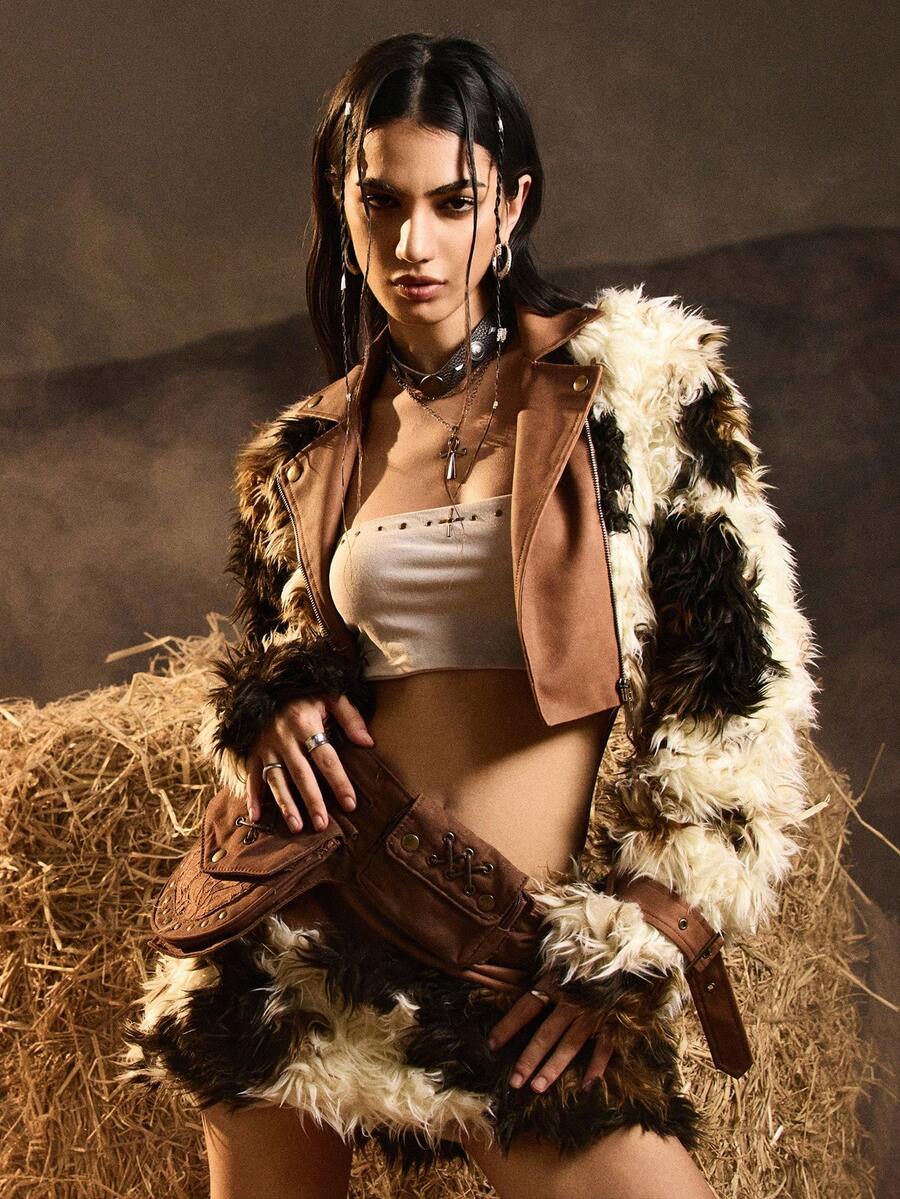 Easelle 女士时尚人造毛皮和 PU 撞色短款飞行员夹克