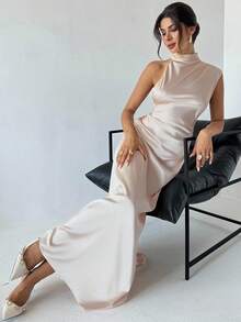 Firerie Women's Casual Elegant Backless Pearl Chain Dress / Imitation Silk Material Satin Texture / Carnival Party Season / Party Outfit / Wedding Guest Dress / Prom Dress / Party, Date, Coming Of Age Ceremony / New Year Dress / Shiny Dress / Champagne Dress / Luxury Evening Dresses For Women