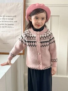 Genkimix Kids 秋冬新款韩版复古女童开衫圆领插肩袖针织花图案毛衣 - 粉色 - 查看 3