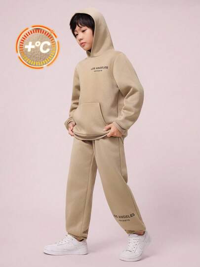 2 件儿童/青少年男童休闲日常百搭舒适字母图案连帽运动衫和宽松运动裤套装，适合学校、花园、海滩、生日、春夏秋冬