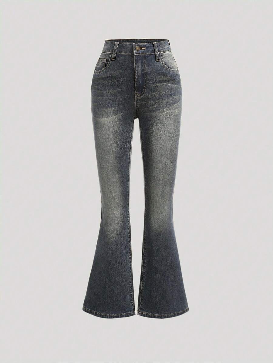 SHEIN Girlism Tween 女童 Y2k 复古水洗修身弹力牛仔喇叭裤，带斜口袋，适合夏季服装搭配 - 中等水洗藍 - 查看 1