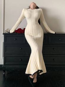 DAZY 女式优雅撞色鱼尾毛衣裙，秋季 - 米色 - 查看 6