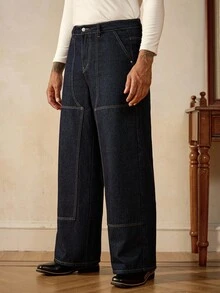 RivetRise 男士深蓝色宽松阔腿休闲牛仔裤 - 深色水洗藍 - 查看 4