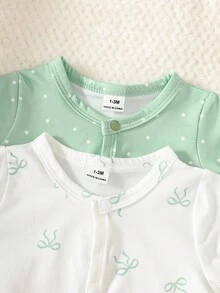 SHEIN 两件套新生女宝宝秋季套装，舒适可爱蝴蝶结图案长袖连体衣套装，适合秋冬季各种场合。 - 綠色 - 查看 6