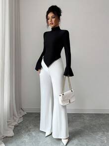 Elenzga Women's Elegant V-Neck Black & White Contrast Pearl Jumpsuit, Suitable For Autumn/Winter, Thanksgiving, Elegant Party, Christmas, New Year - Black and White - View 8