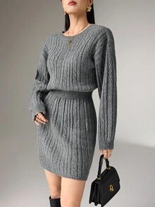 Heiryn 女式秋季扭纹落肩长袖针织连衣裙 - 深灰色 - 查看 3