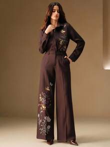 Anewsta Bộ áo sơ mi dài tay thêu họa tiết Maillard thời trang cổ điển thanh lịch dành cho nữ - Màu đỏ tím - Xem 3