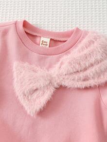 Cozy Pixies Baby Girl Plush Bow Decor Crew Neck Long Sleeve Pullover Sweatshirt, Versatile And Comfortable Autumn Winter Clothes For Women - Pink - View 4