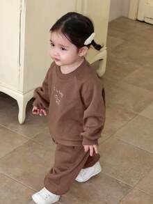 DAZY 2pcs Baby Girls Casual Letter & Cartoon Print Long Sleeve Sweatshirt And Loose Fit Pants Set Toddler Girls Clothes - Coffee Brown - View 6