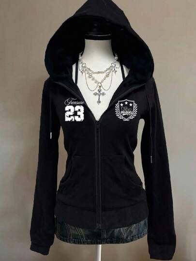 Attitoon 休闲时尚复古街头风运动款23号数码印花组合图案宽松卫衣，适合秋冬季节穿着，复古、性感、可爱、Y2K、嬉皮、音乐节风格，女士拉链卫衣