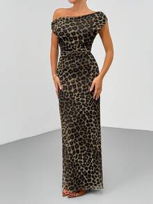 Leopard Printed, Mesh Fabric, Long Dreses - Multicolor - View 4
