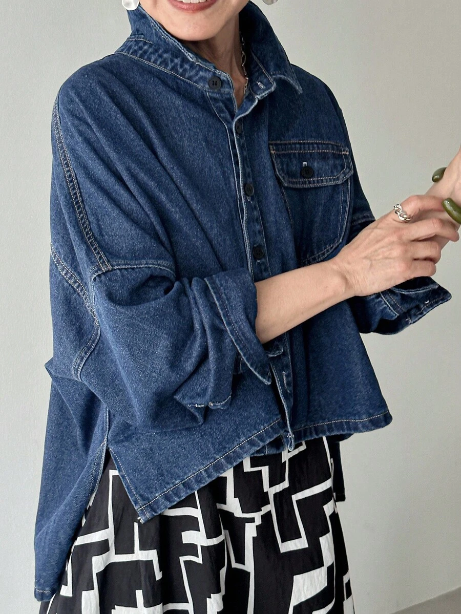 FRIFUL Women's Autumn Dropped Shoulder Long Sleeve Single-Breasted Pocket Casual Loose Denim Jacket Denim Jumper Blue Graphic Shirt Oversized Jean Jacket Cropped Denim Jacket Plus Size Denim Jackets