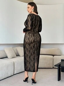 Modelyn Plus Size Solid Color Lace Long Sleeve Dress, Elegant - Black - View 2