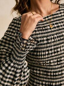 Poéselle 黑白格子褶皱设计修身长袖女式上衣 - 黑與白 - 查看 6