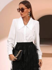 Aidyla Camisa casual de mujer de unicolor con cuello vuelto y botones delanteros, para primavera/verano - Blanco - Ver 4