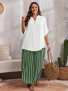 EMERY ROSE Plus Size Casual Solid Color Shirt And Striped Pants 2 Pieces Set - White - View 5