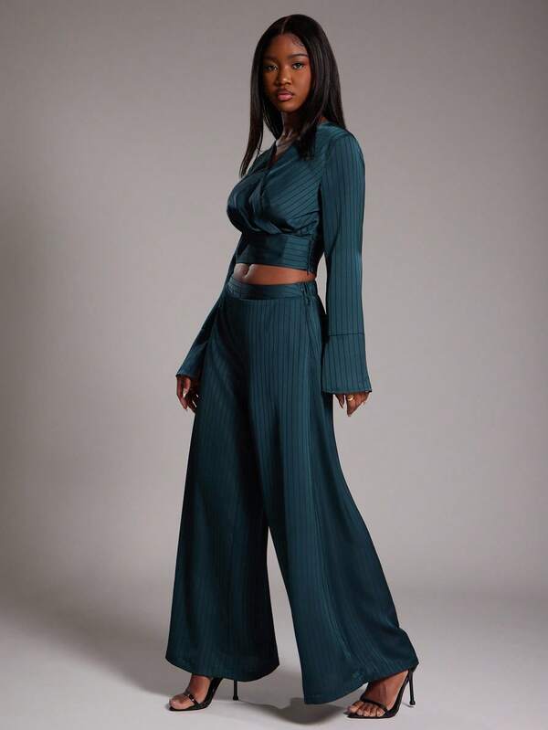 NYA SZN Women Set (Top & Pant) Top Long Sleeve V Neck Cinch Pant High Rise Flowy Wide Leg Office Business Casual Stripe Teacher Back To School Fall Statement Festival Carnival Outfits For Women