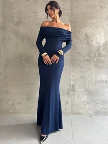 Firerie 女士藏蓝色露肩褶皱露背性感修身鱼尾长裙，优雅、通勤、性感、度假、海滩、波西米亚风、夏威夷风情、音乐节、浪漫、约会、派对、婚礼季、毕业典礼、舞会、演出、演唱会、工作、返校、女士生日礼服、婚礼宾客礼服 - 藏蓝色 - 查看 4