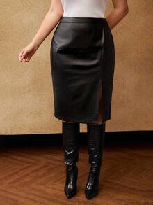 MOTF PREMIUM 复古百搭前开衩中长裙 - 黑色 - 查看 4