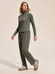 Exploreva Conjunto de top y pantalones de unicolor para mujer para exteriores - Verde militar - Ver 4