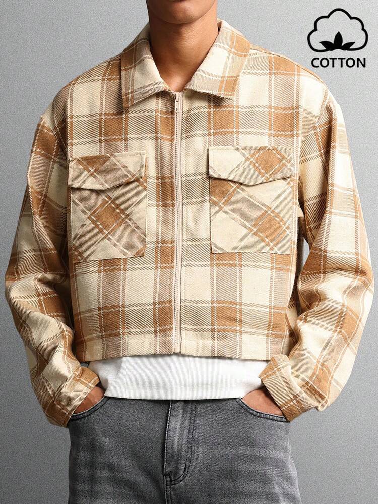 Plaid Zip Front Jacket With Flap Pockets