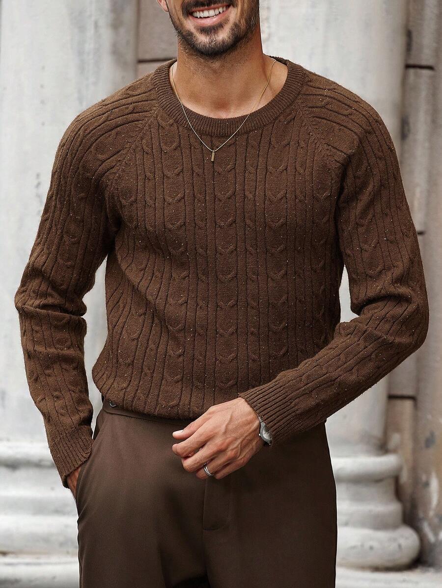 Manfinity Bizformal Men's Casual Cable Pattern Round Neck Raglan Sleeve Sweater, Autumn - Multicolor - View 1