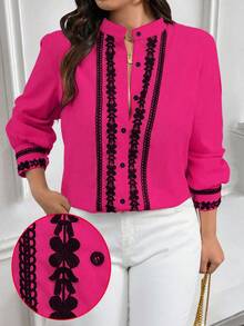 EMERY ROSE Plus Size Contrast Color Trim Collar & Cuff Casual/Work Wear Long Sleeve Shirt - Hot Pink - View 1