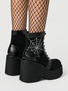 ROMWE Grunge Punk Sepatu Bot Ankle Wanita Hak Tebal, Gaya Gothic Punk dengan Bordir Jaring Laba-laba, Tali Pengikat dan Resleting Belakang, Sepatu Bot Ankle Motor Platform Hak Tinggi Hitam - Hitam - View 5