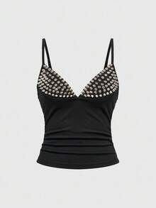 ROMWE Grunge Punk Sexy Halloween Dark Punk Rivet Patchwork Women Top