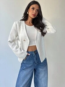 Firerie Women's Elegant White Tweed Short Jacket,Autumn Office V-Neck Metal Buckle Asymmetric Hem Long Sleeve Elegant Minimalist Commuter Urban Chic Casual - White - View 5