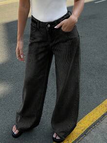 EURMUSE RueChic 100% Cotton Low Waist Wash Detailed Wide Leg Jean - Black - View 7