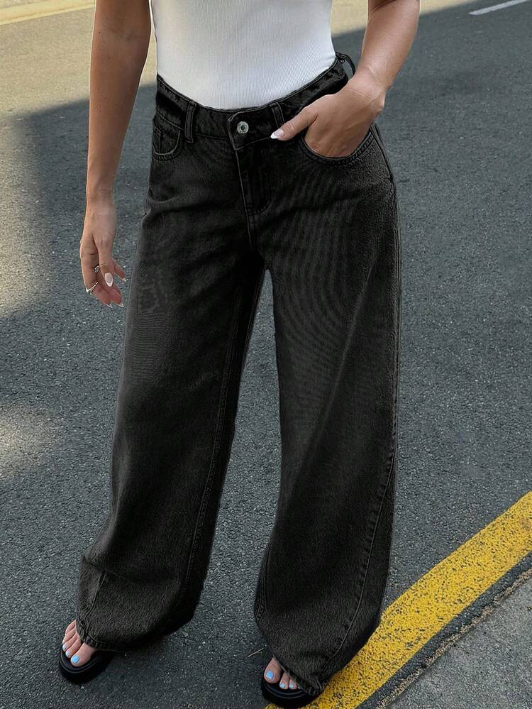 RueChic 100% Cotton Low Waist Wash Detailed Wide Leg Jean - Black - View 7