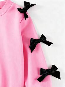SHEIN 2pcs/Set Young Girl' Minimalist Fashion Pink Bow Black Top And Pink Pants Sweatsuit Set Fall Winter - Multicolor - View 5