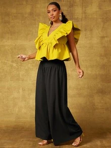 Vixey Top con cuello en V de tejido sólido, volantes y mangas abullonadas, bajo con volante - Amarillo - Ver 6