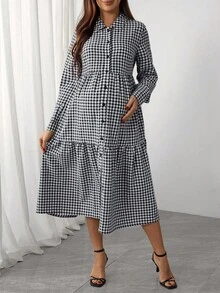 SHEIN 孕妇格子长袖单排扣荷叶边下摆休闲哺乳功能衬衫裙，秋季 - 黑與白 - 查看 5