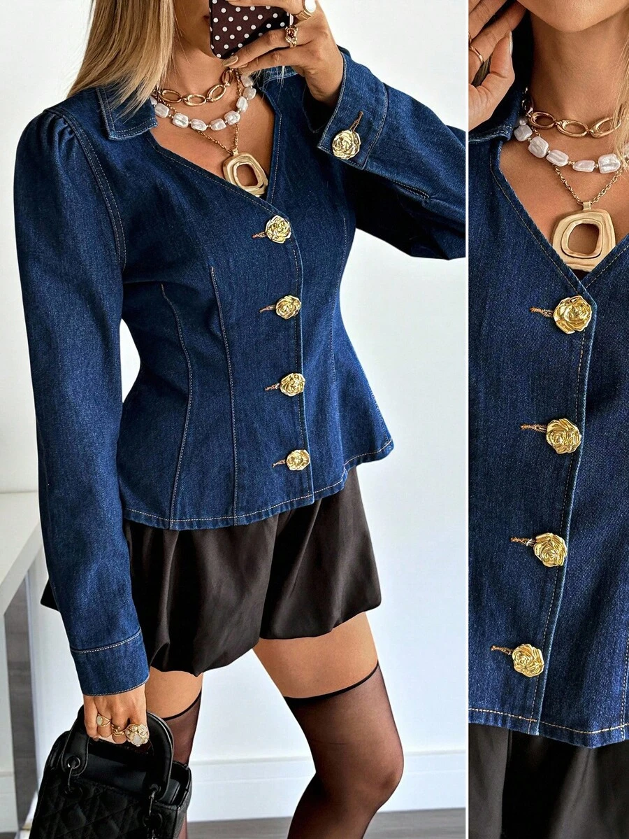 Siren Gaze 女式深蓝色牛仔夹克V领收腰长袖上衣金色金属纽扣性感古着风格玫瑰纽扣牛仔上衣女式牛仔衬衫秋季外套 - 深色水洗藍 - 查看 1