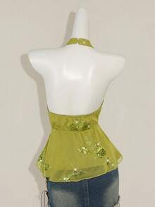 SHEIN ICON 女士花卉亮片性感深V领吊带背心 - 綠色 - 查看 2