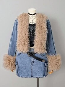 Sunspun 加大码女式牛仔蓝色牛仔弹力性感仿毛领修身夹克，牛仔竞技服装 - 中等水洗藍 - 查看 3