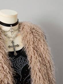 Sunspun 加大码女式牛仔蓝色牛仔弹力性感仿毛领修身夹克，牛仔竞技服装 - 中等水洗藍 - 查看 4